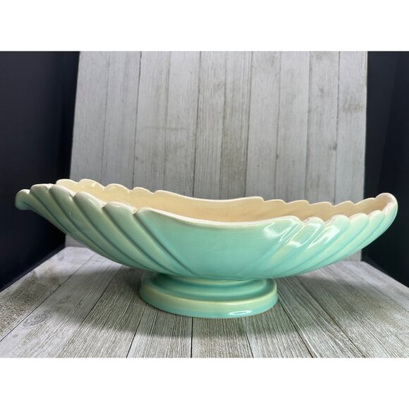 Vtg Weller Pottery Turquoise Blue Footed Bowl Shell Scalloped Design 18" Long - Picture 3 of 16